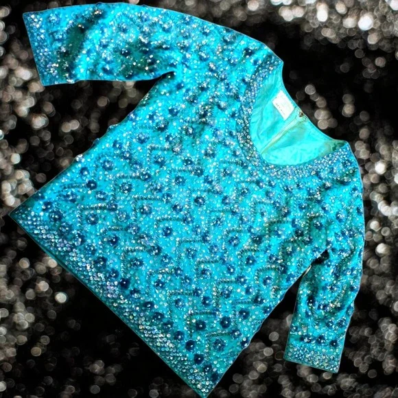 Vintage 60s Wool Beaded Sequin Sweater Back Zip Turquoise Silk-lined By Cavanagh